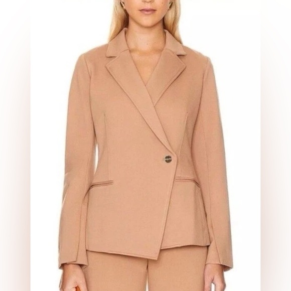 SPANX The Perfect Asymmetrical Tailored Blazer Ponte Toffee Tan Khaki Medium NWT - Picture 8 of 10